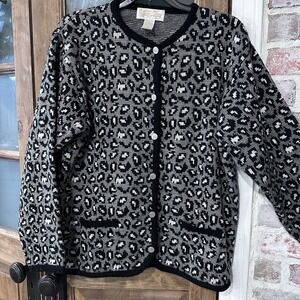 Tally Ho Women's Sweater Med Gray Cardigan Cheetah Print Mobwife